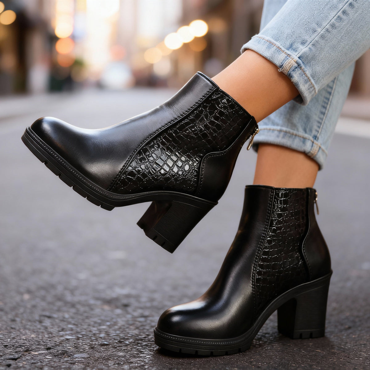 Bottines effet croco à talon bloc