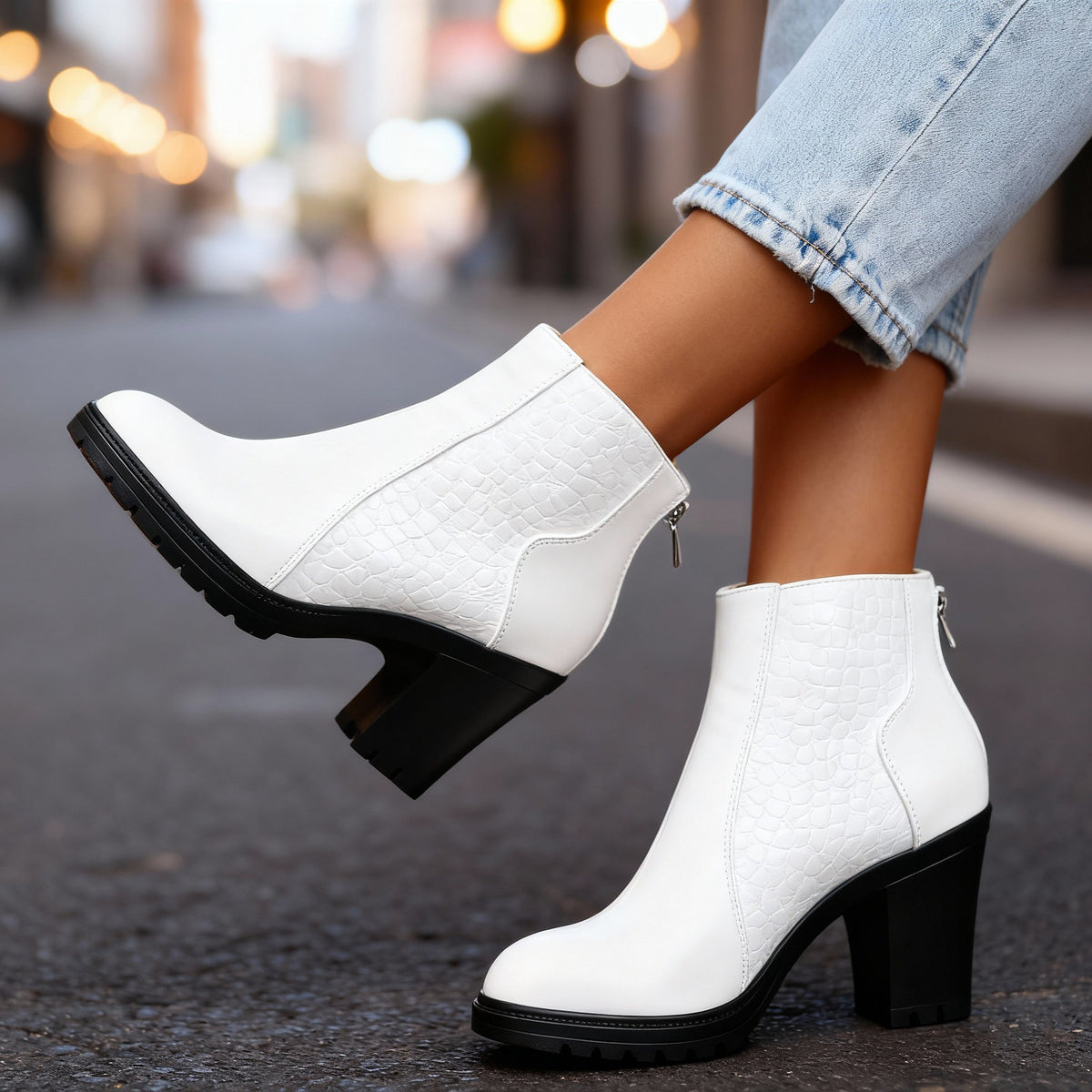 Bottines effet croco à talon bloc
