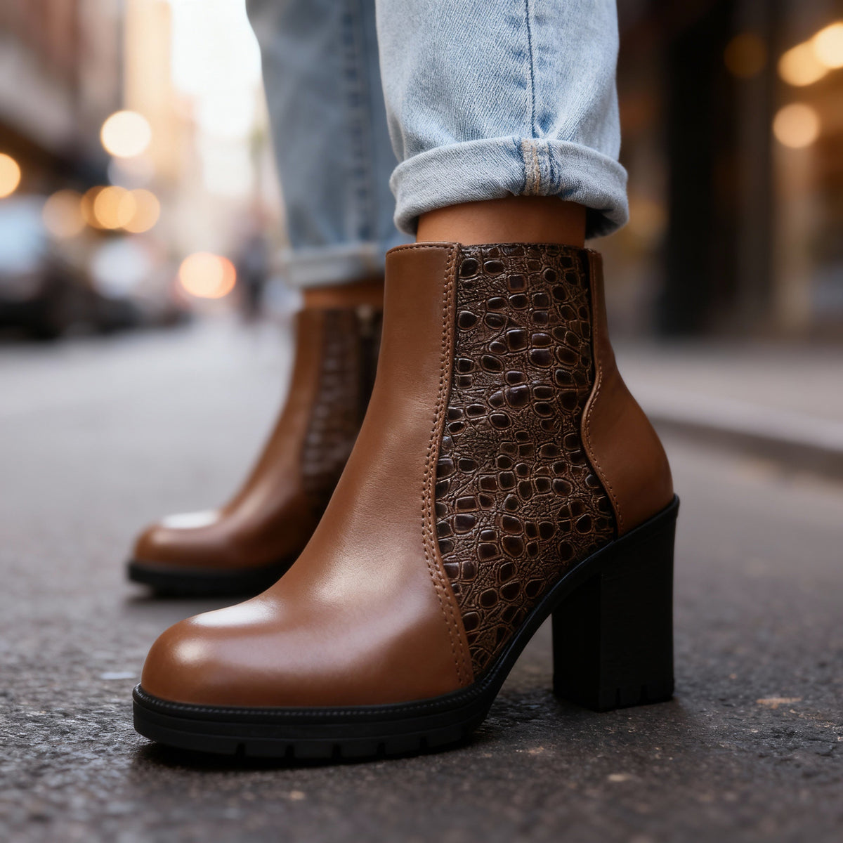 Bottines effet croco à talon bloc