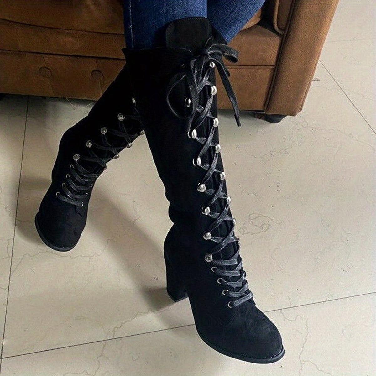 Bottes hautes à lacets et talon bloc