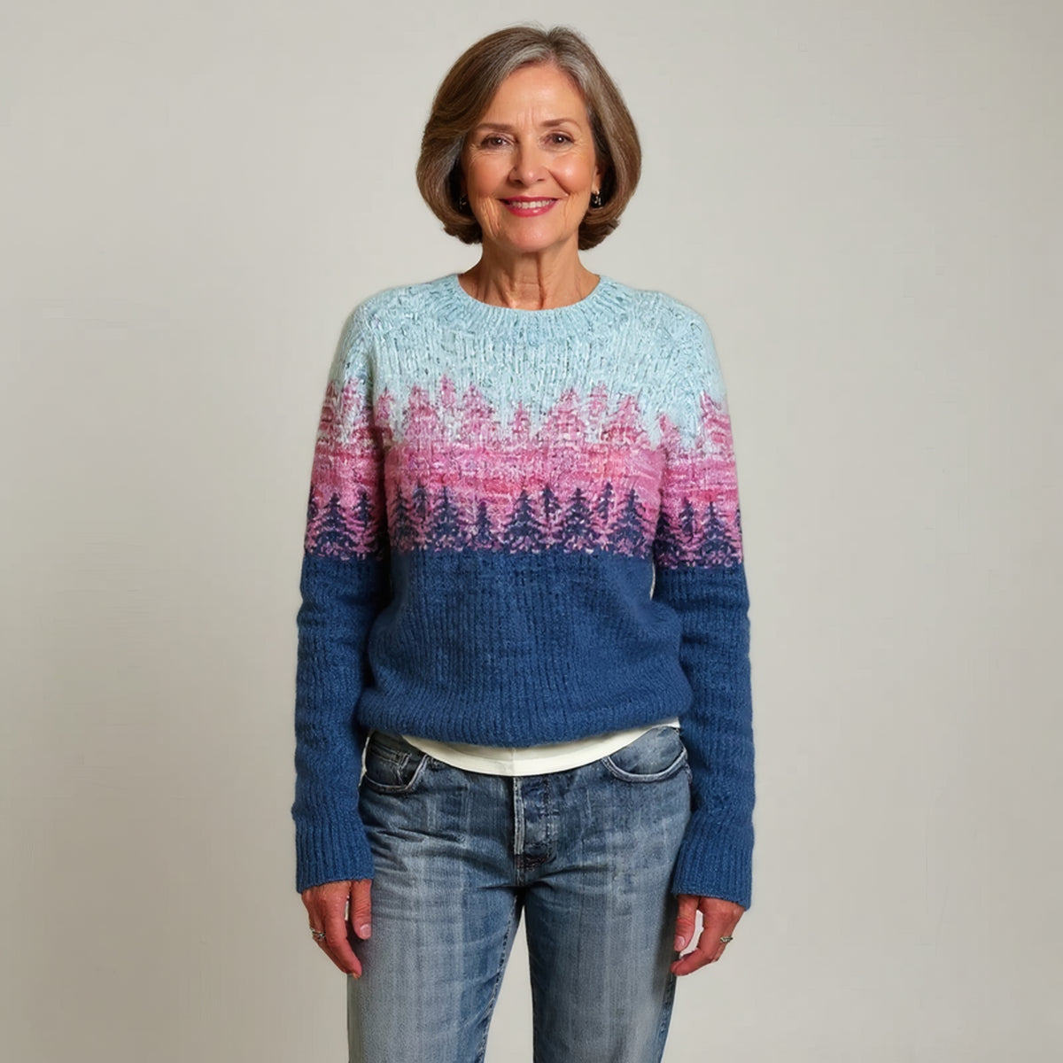 Pull bleu et rose à motifs nordiques