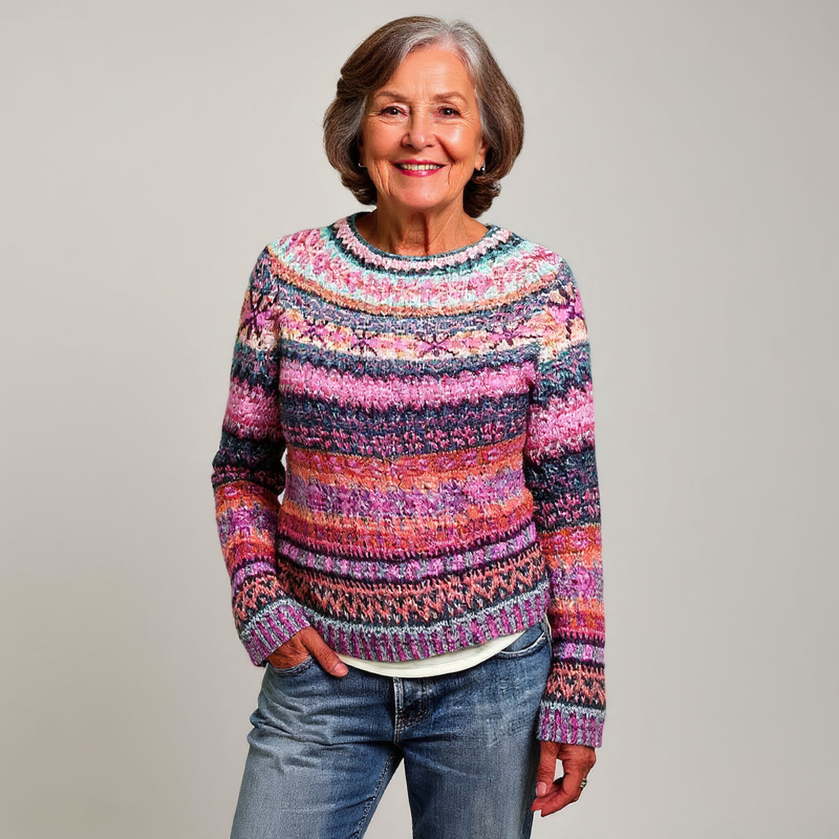 Pull rose et violet à motifs nordiques