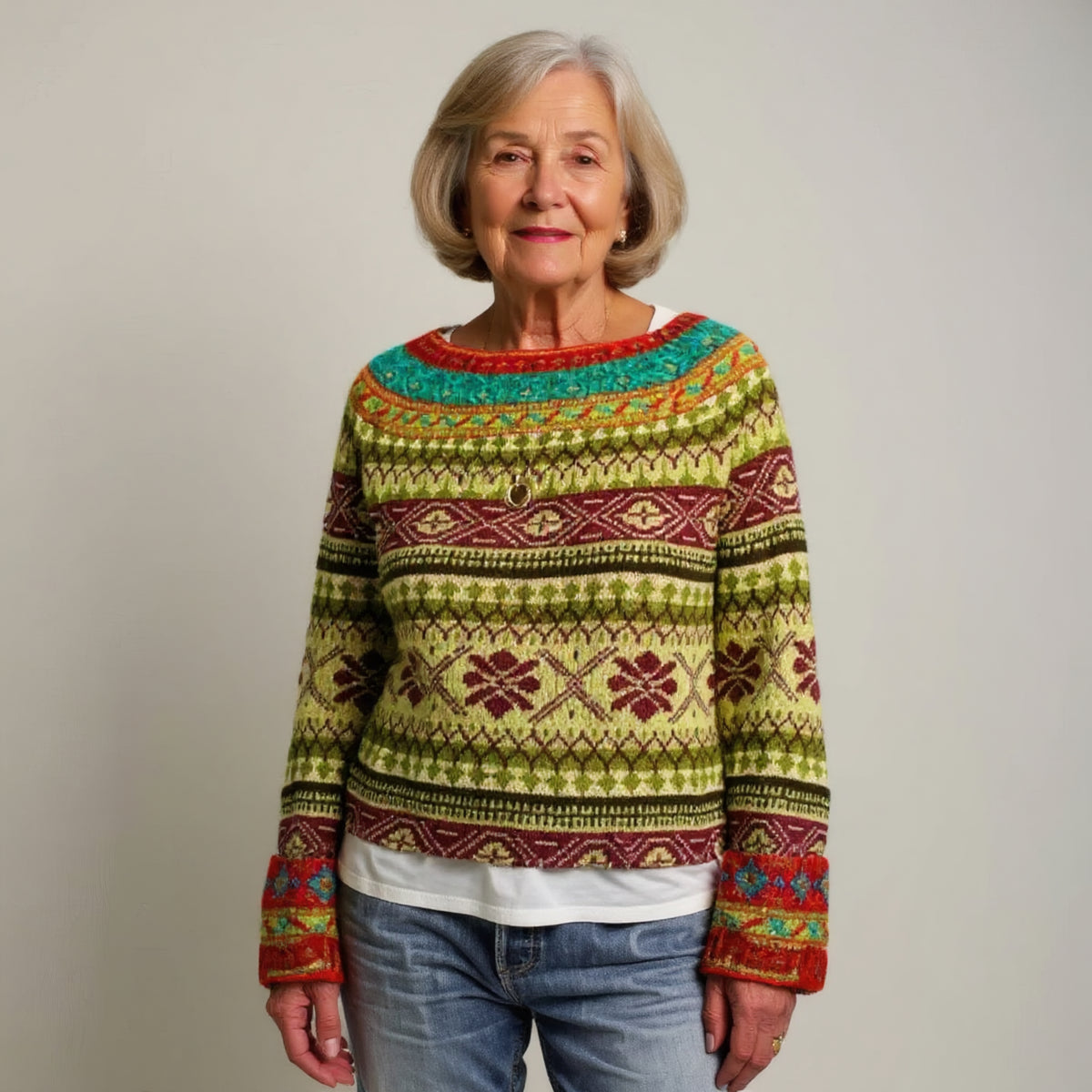 Pull vert à motifs géométriques multicolores