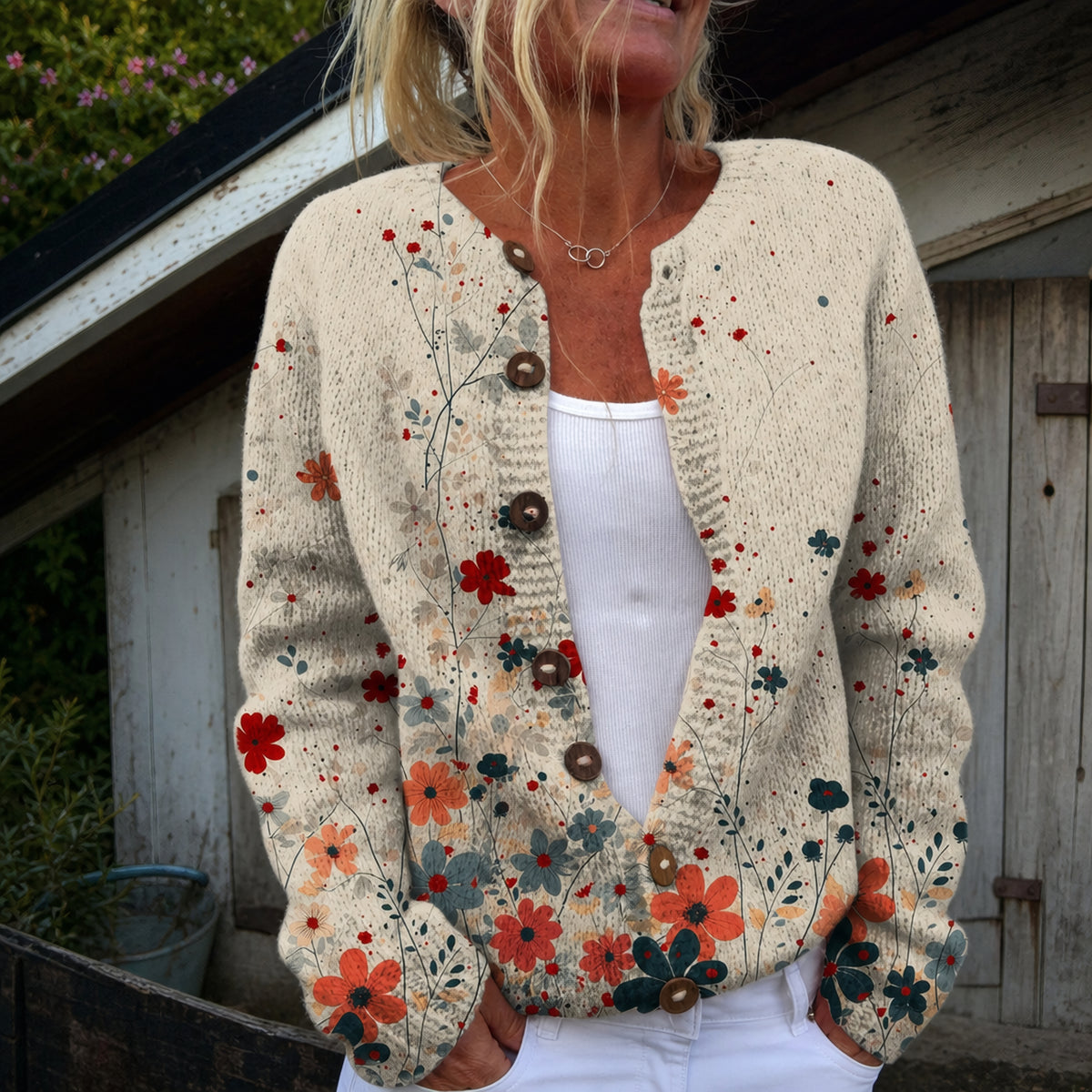 Manon | Cardigan boutonné à motif floral vintage