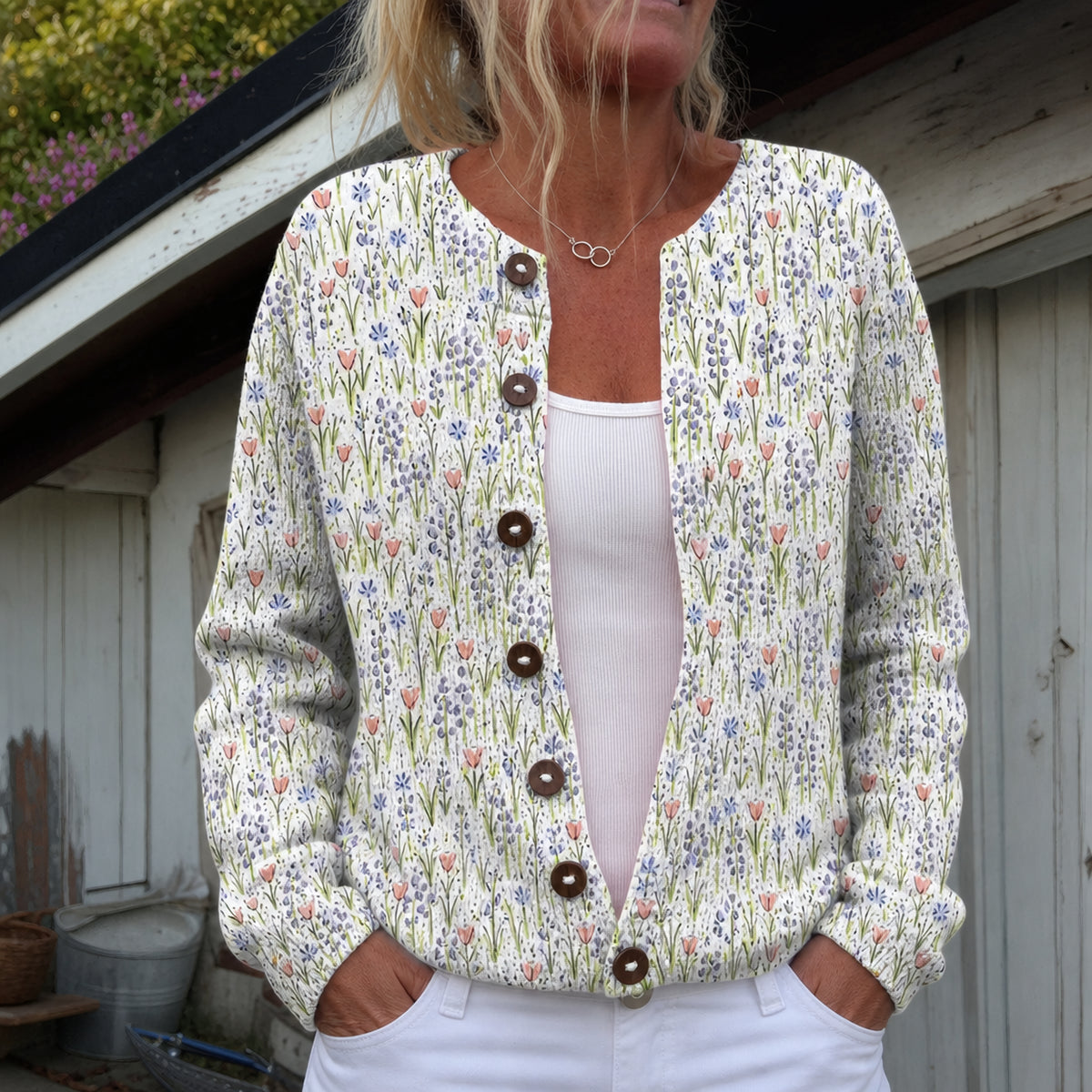 Justine | Gilet à motif fleurs des champs