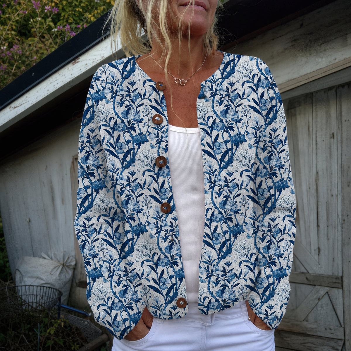 Blandine | Cardigan floral bleu et blanc