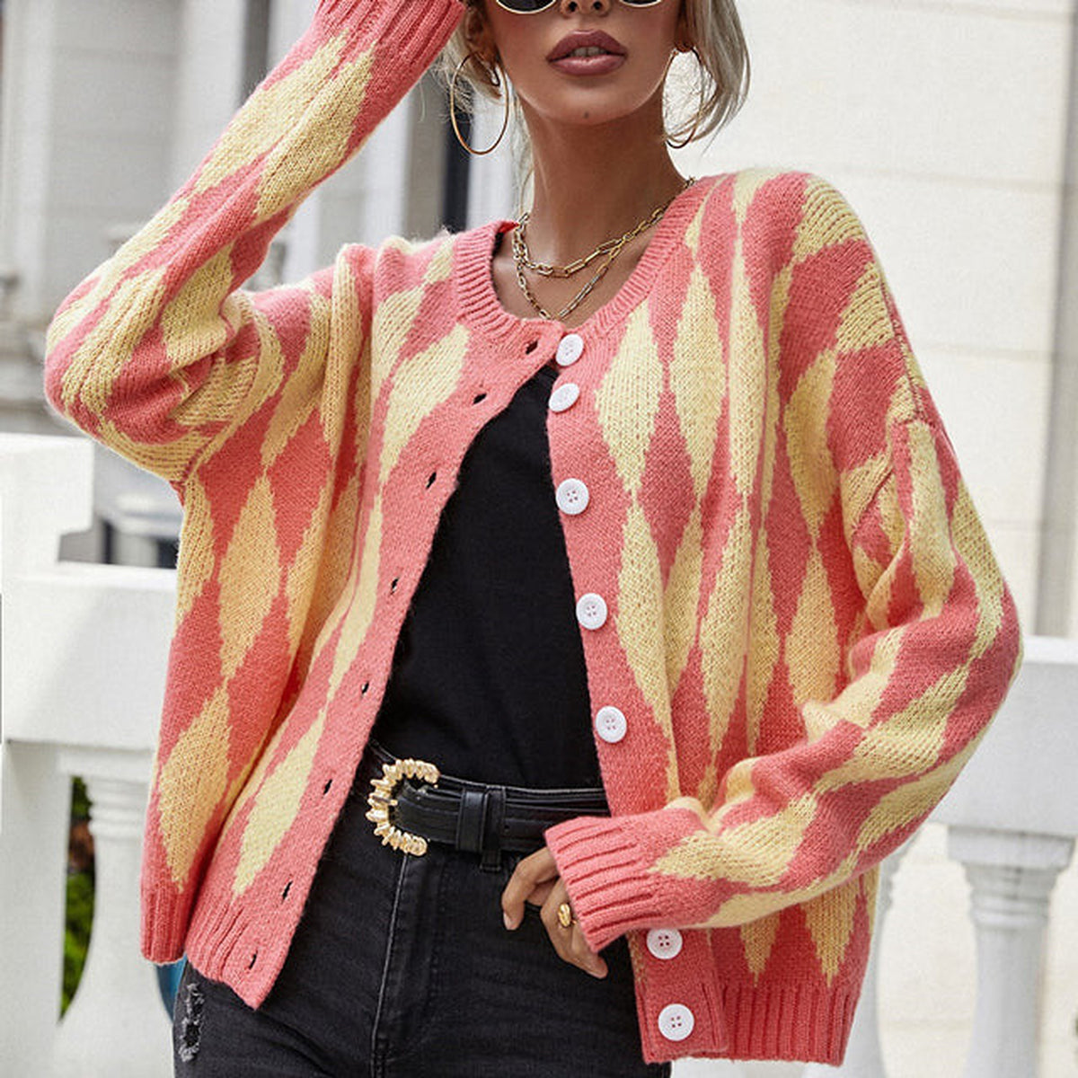 Cardigan boutonné à motif losanges