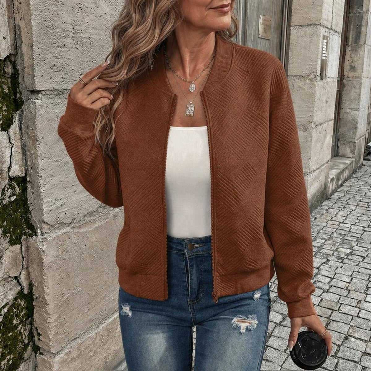 Cardigan zippé en maille texturée