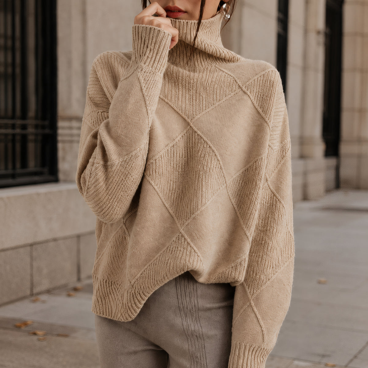 Pull à col roulé en maille losanges