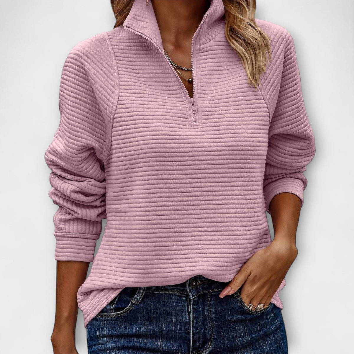 Vilja | Pull côtelé rose à demi-zip