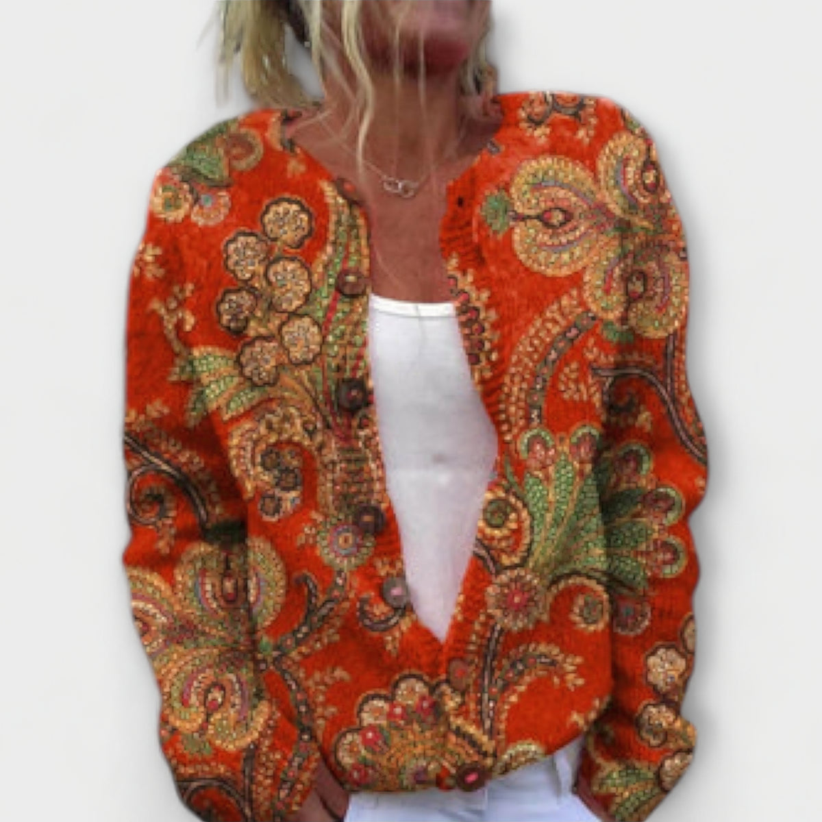 Tara | Cardigan rouge à motif cachemire