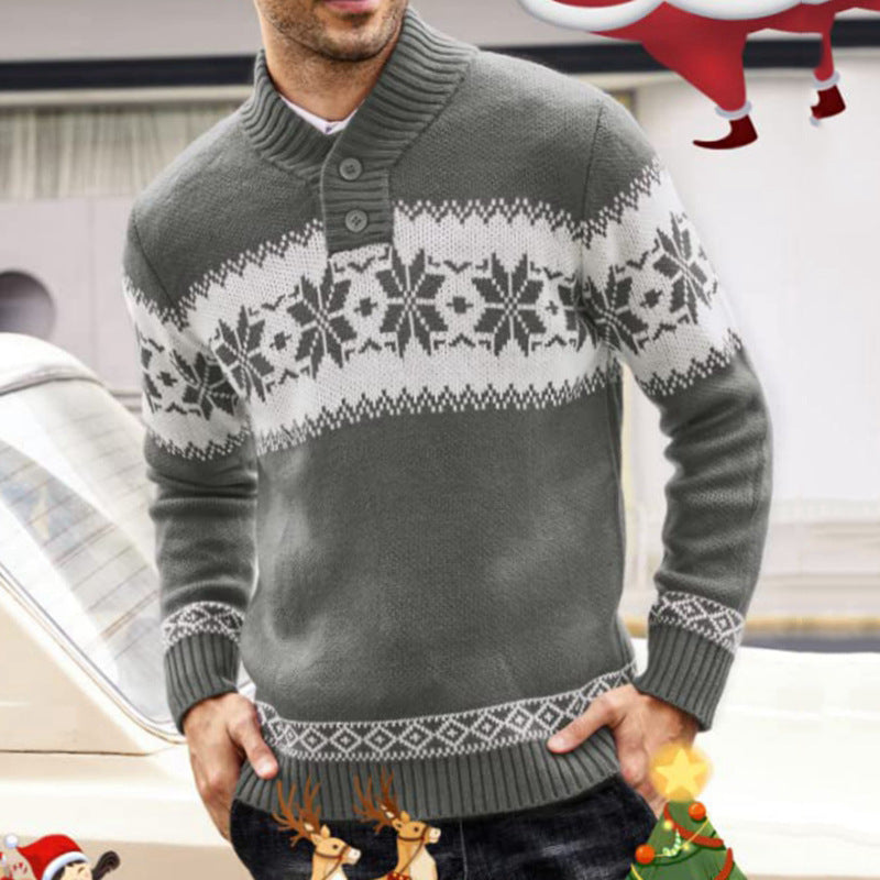 Pull de Noël homme à flocons et col boutonné — Amielle Paris