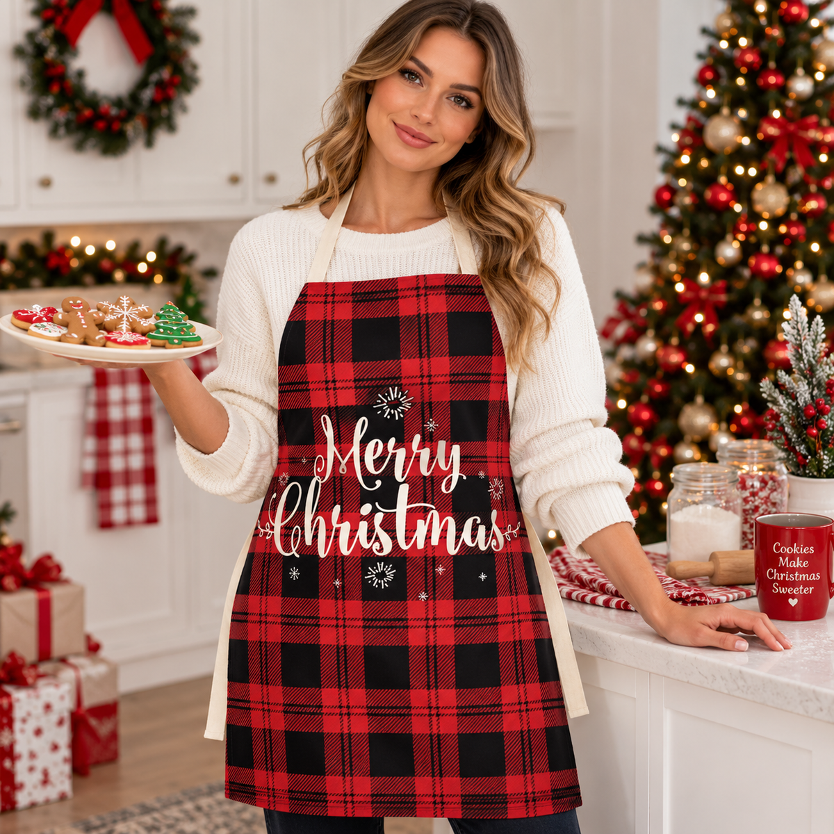 Tablier de Noël en coton et lin à tour de cou réglable — Amielle Paris