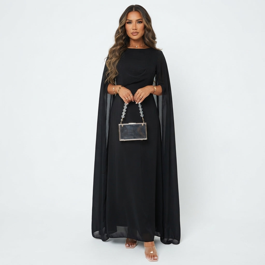 Robe longue effet cape à manches drapées — Amielle Paris