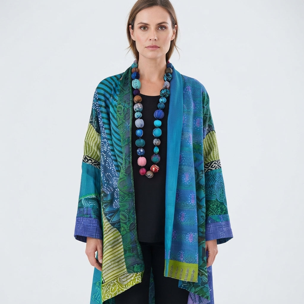 Gilet long façon kimono à imprimé patchwork — Amielle Paris