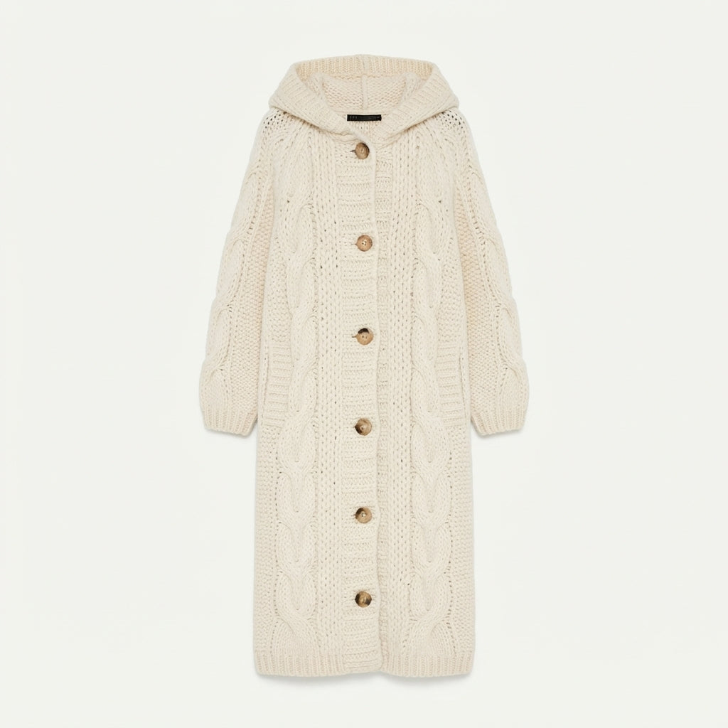 Gilet long à capuche en maille torsadée — Amielle Paris
