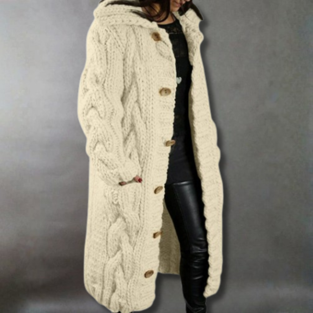 Gilet long à capuche en maille torsadée — Amielle Paris