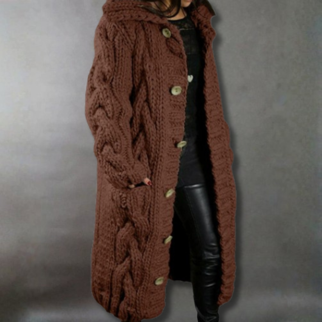 Gilet long à capuche en maille torsadée — Amielle Paris