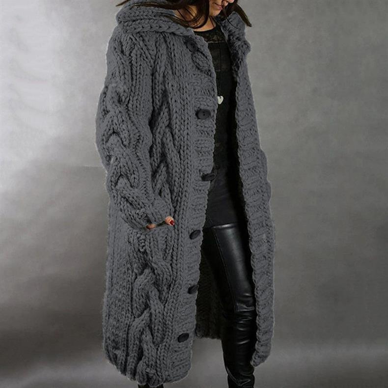 Gilet long à capuche en maille torsadée — Amielle Paris