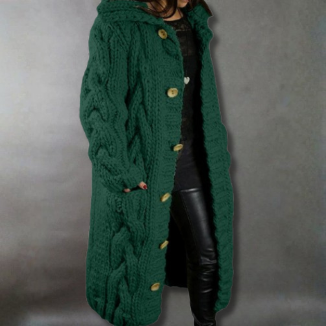 Gilet long à capuche en maille torsadée — Amielle Paris