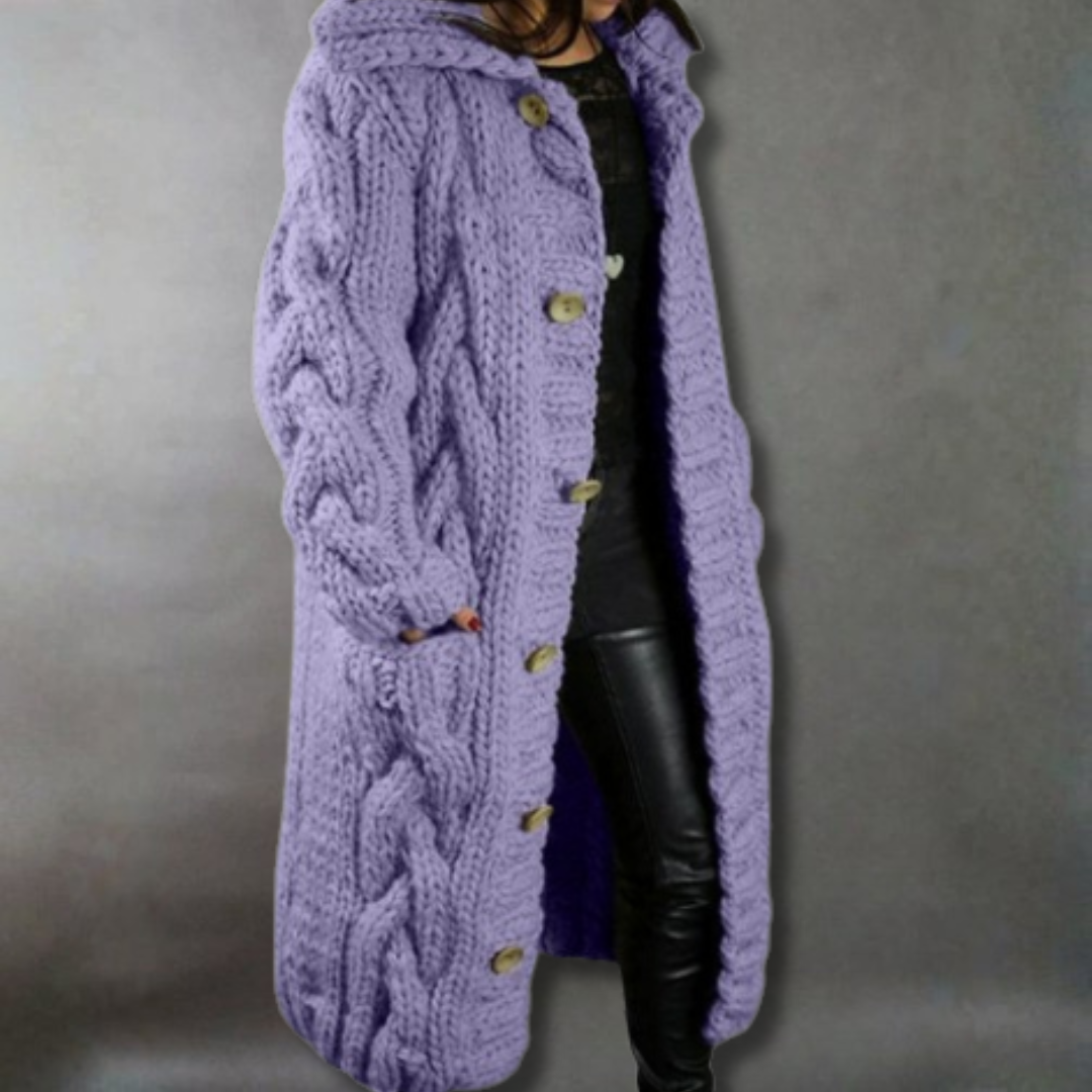 Gilet long à capuche en maille torsadée — Amielle Paris