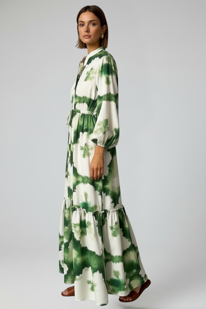 Robe longue imprimée à taille nouée et manches amples — Amielle Paris