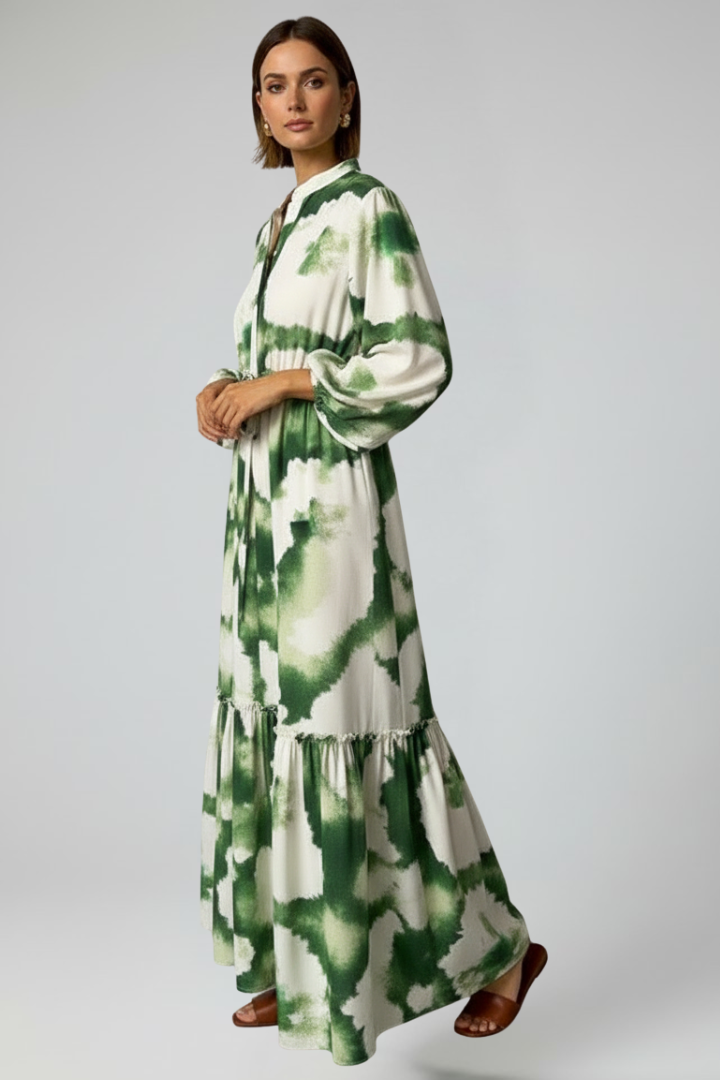 Robe longue imprimée à taille nouée et manches amples — Amielle Paris