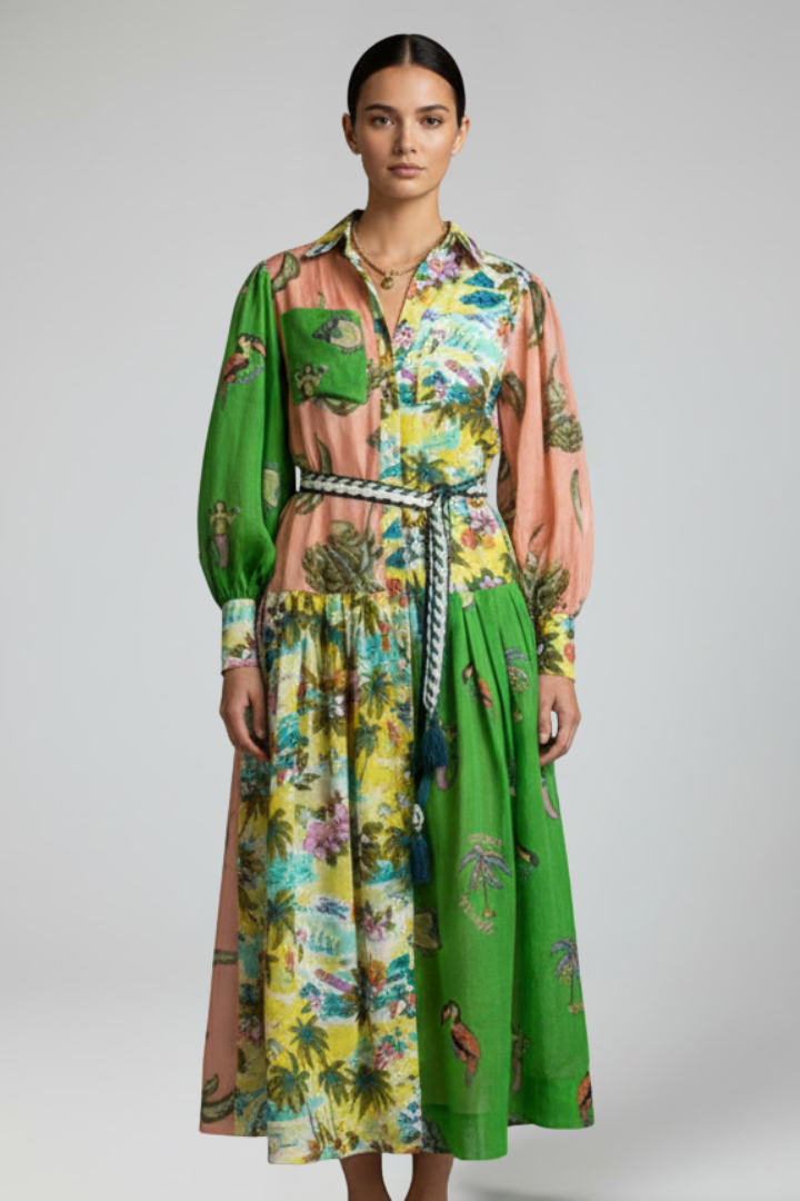 Robe longue imprimée à taille nouée et manches amples — Amielle Paris