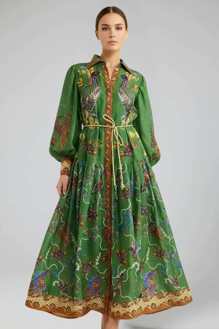 Robe longue imprimée à taille nouée et manches amples — Amielle Paris