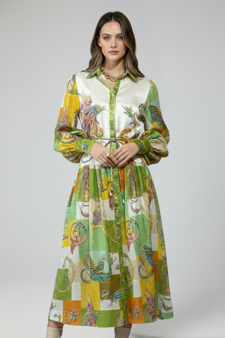 Robe longue imprimée à taille nouée et manches amples — Amielle Paris