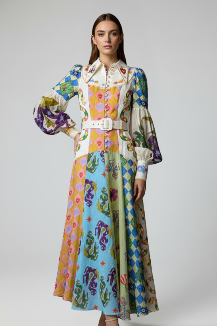 Robe longue imprimée à taille nouée et manches amples — Amielle Paris