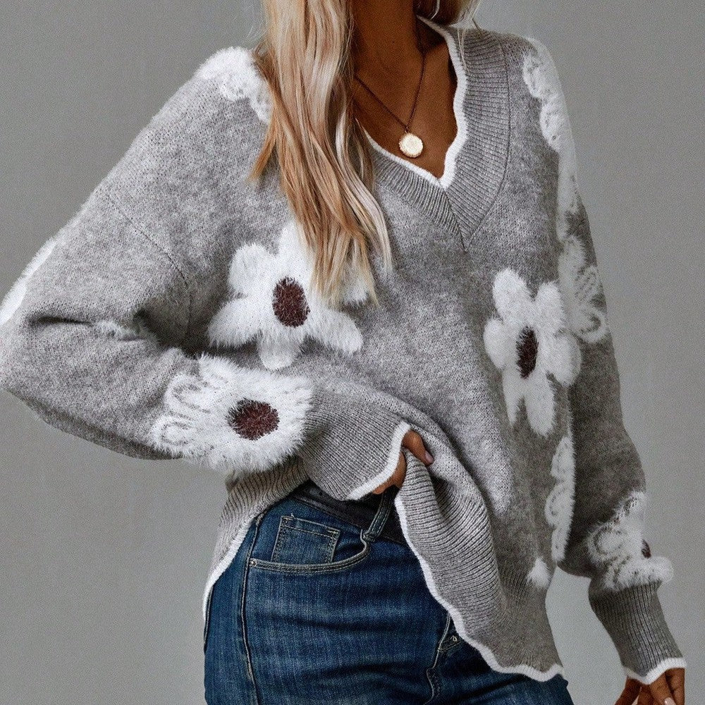 Pull en maille fleurie à col en V — Amielle Paris