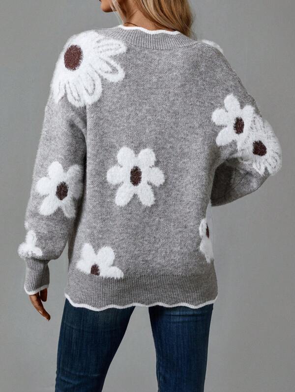 Pull en maille fleurie à col en V — Amielle Paris