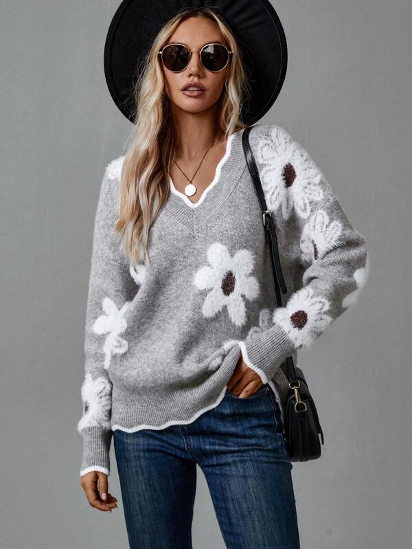 Pull en maille fleurie à col en V — Amielle Paris