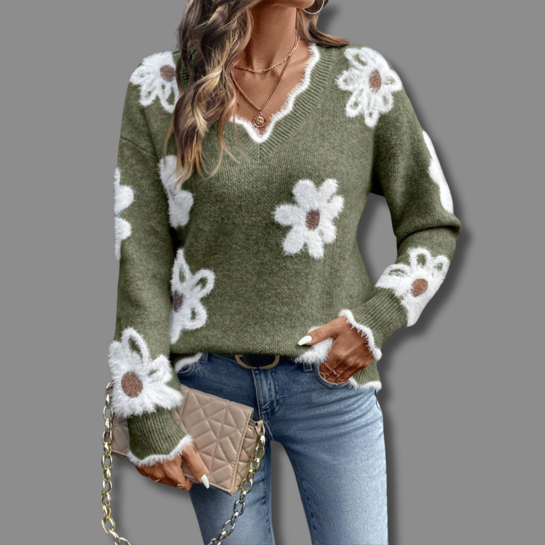 Pull en maille fleurie à col en V — Amielle Paris
