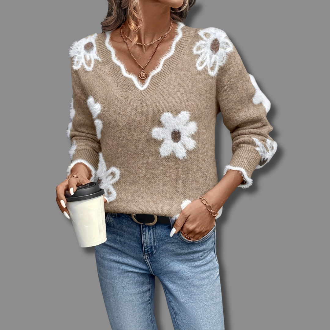Pull en maille fleurie à col en V — Amielle Paris