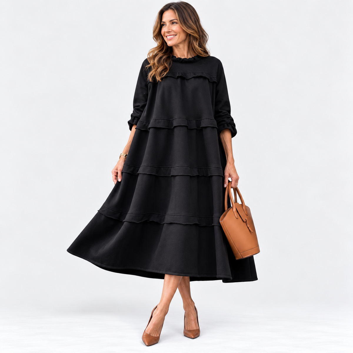 Robe midi noire à volants et manches longues — Amielle Paris