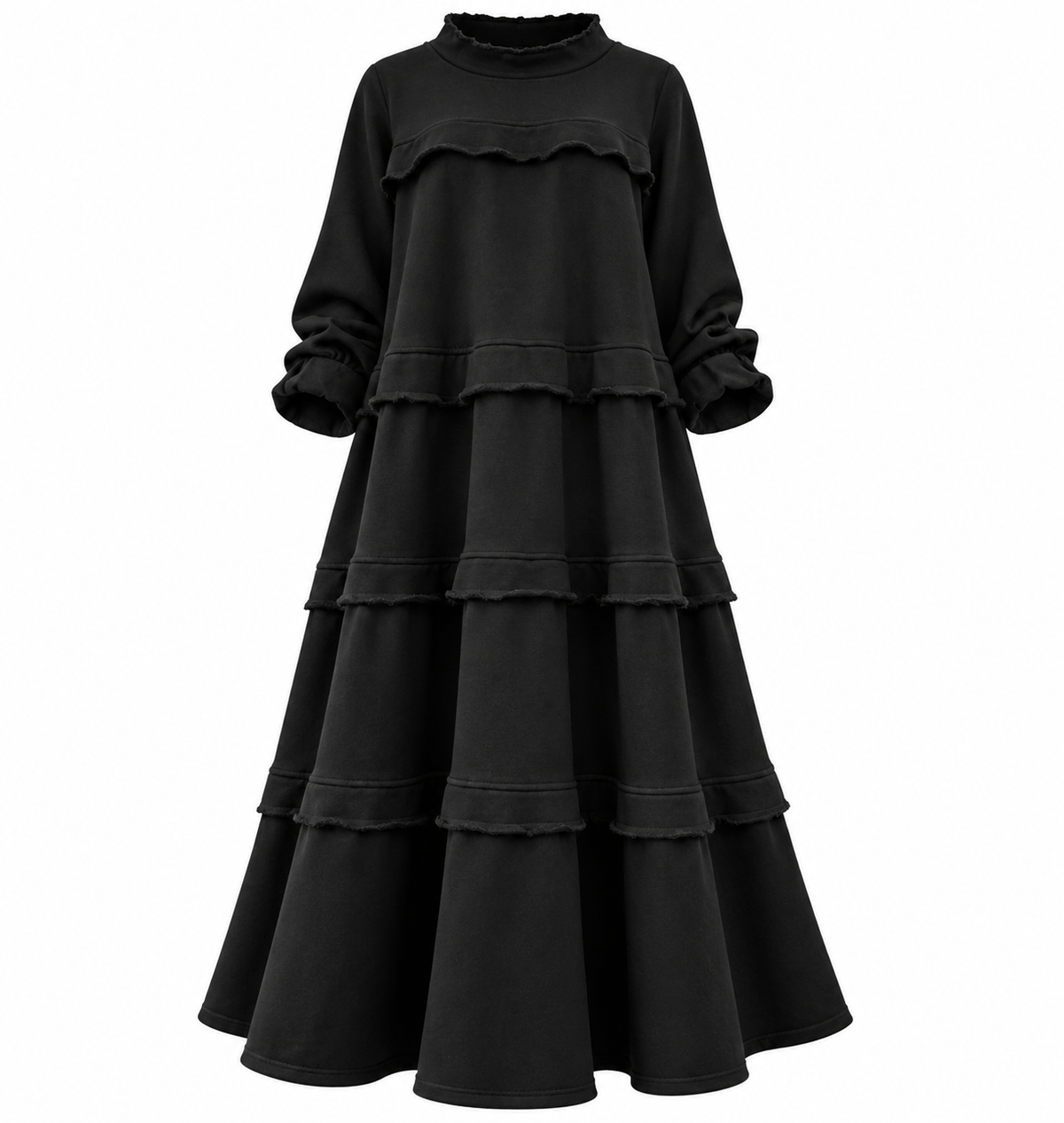 Robe midi noire à volants et manches longues — Amielle Paris