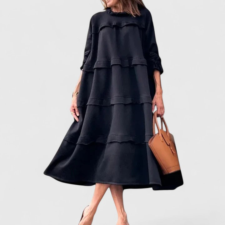 Robe midi noire à volants et manches longues — Amielle Paris