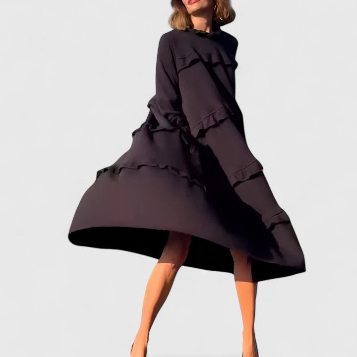 Robe midi noire à volants et manches longues — Amielle Paris