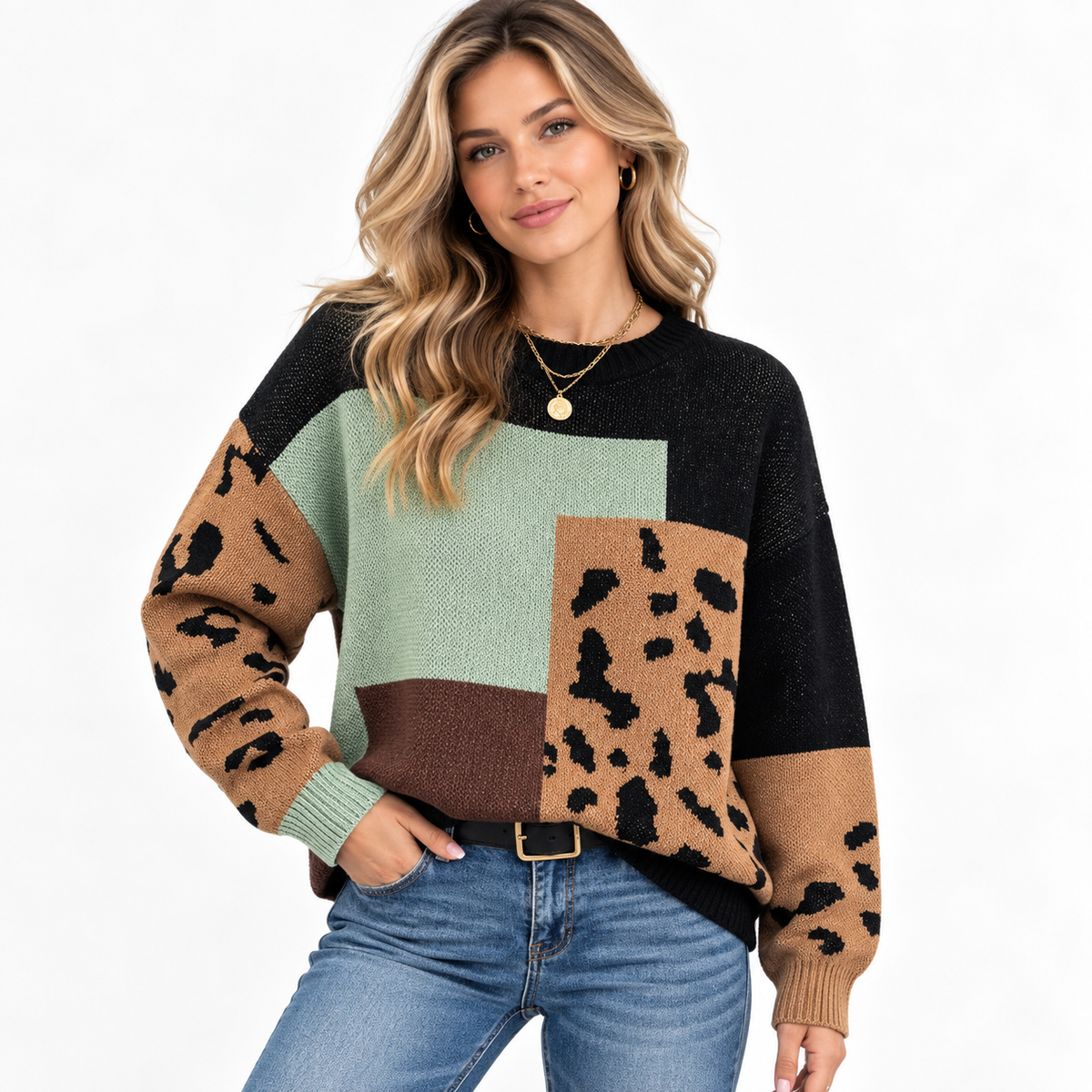 Nell — Pull à blocs de couleur et motif léopard — Amielle Paris