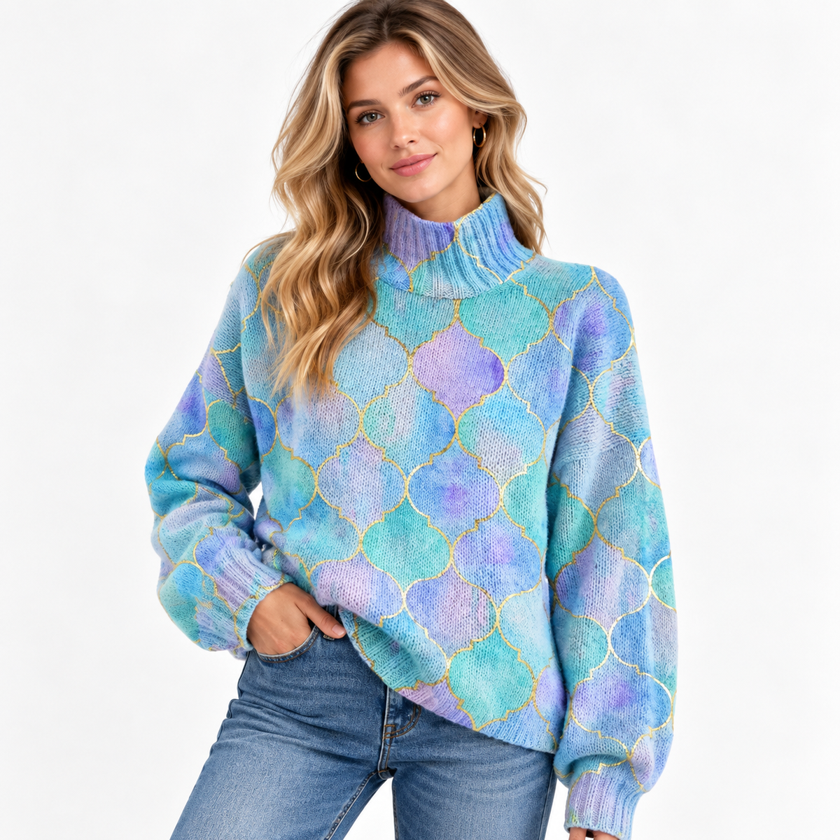 Pull pastel à col roulé et motifs dorés — Amielle Paris