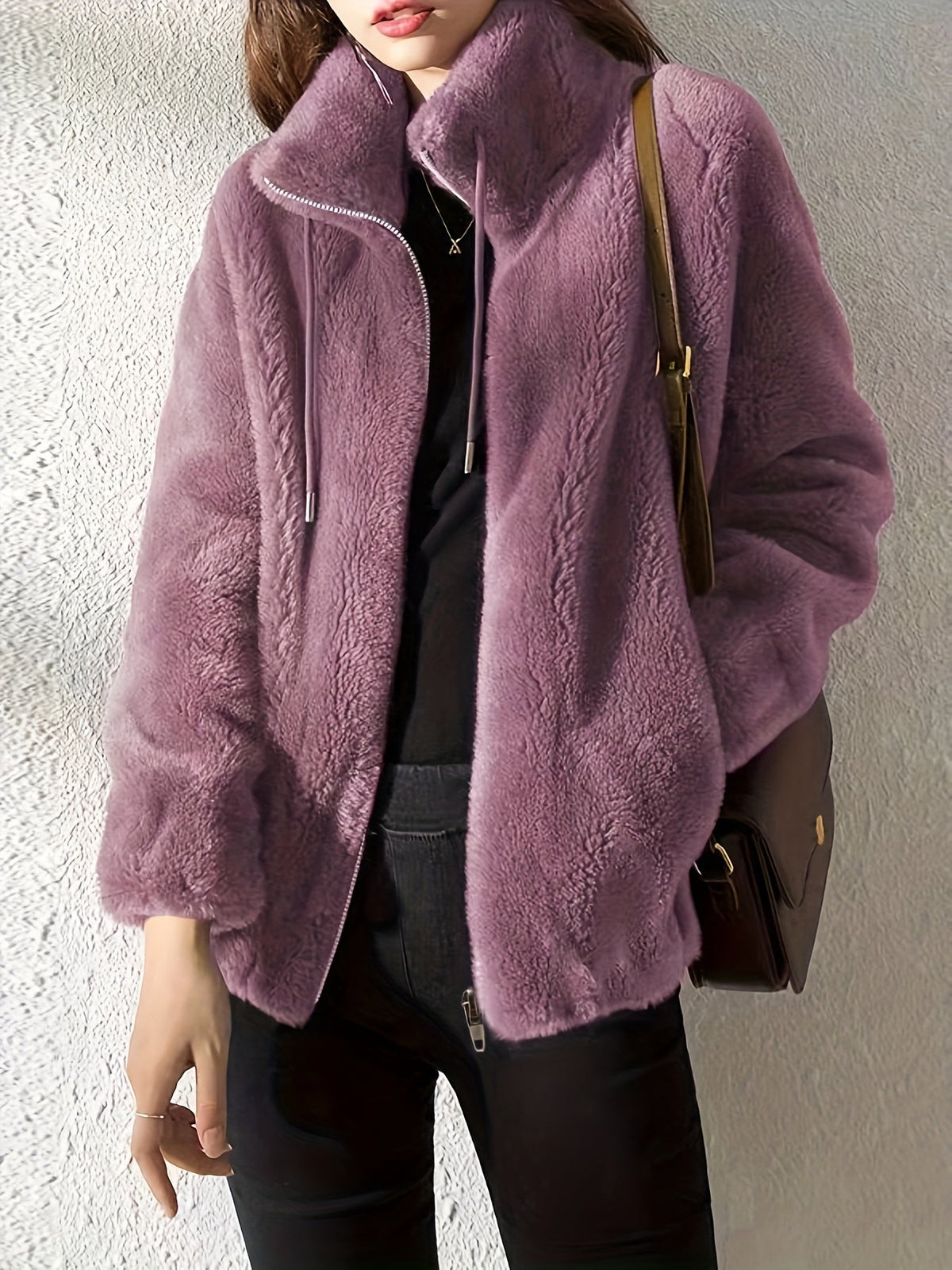 Veste zippée effet peau lainée à col montant — Amielle Paris