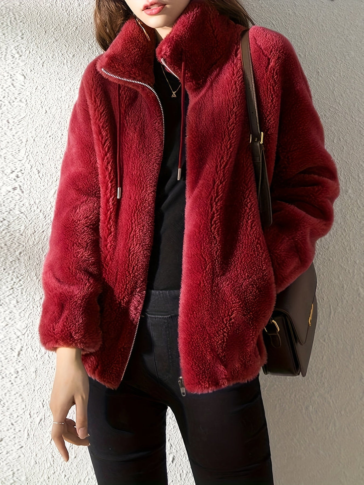 Veste zippée effet peau lainée à col montant — Amielle Paris