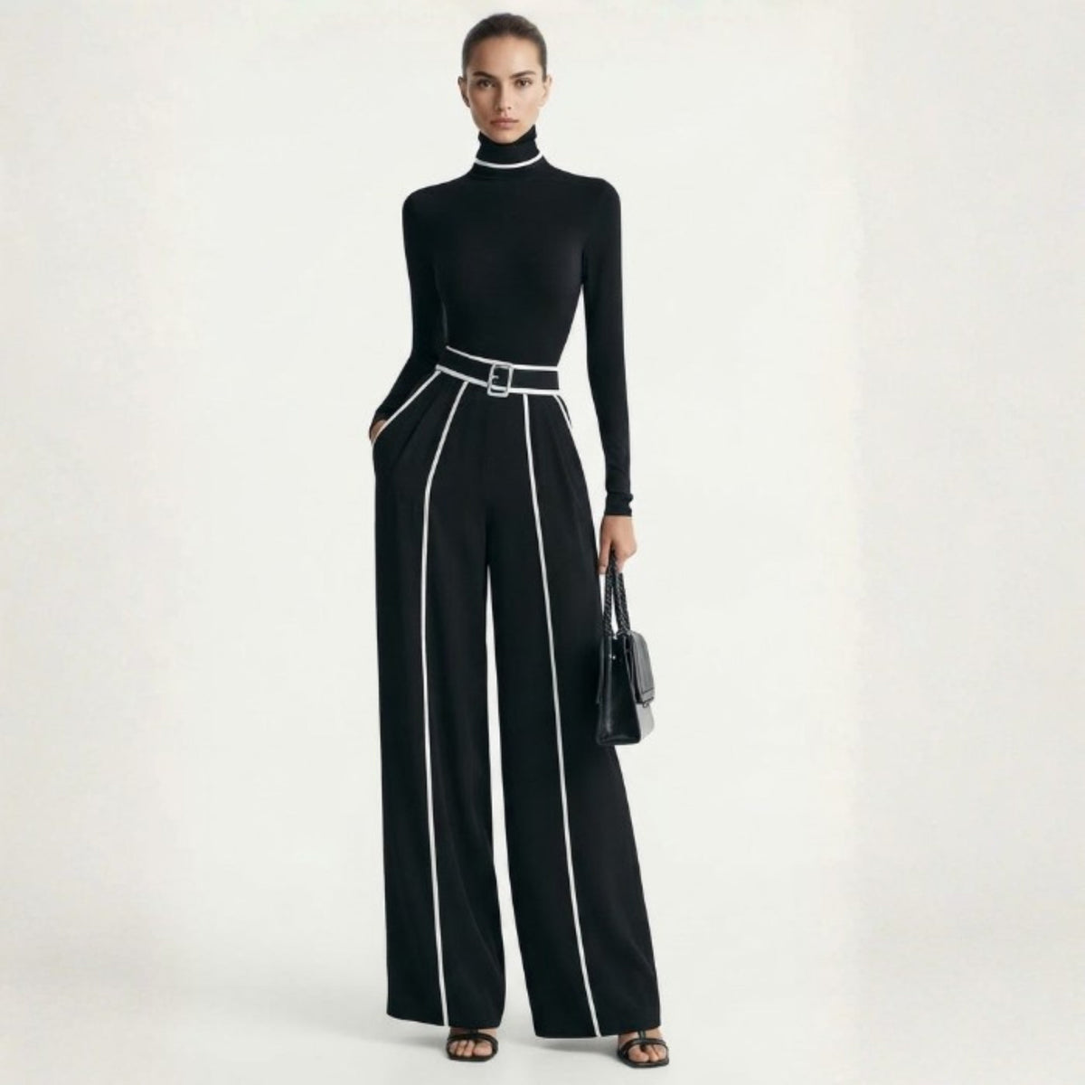 Ensemble col roulé et pantalon large à détails contrastés — Amielle Paris