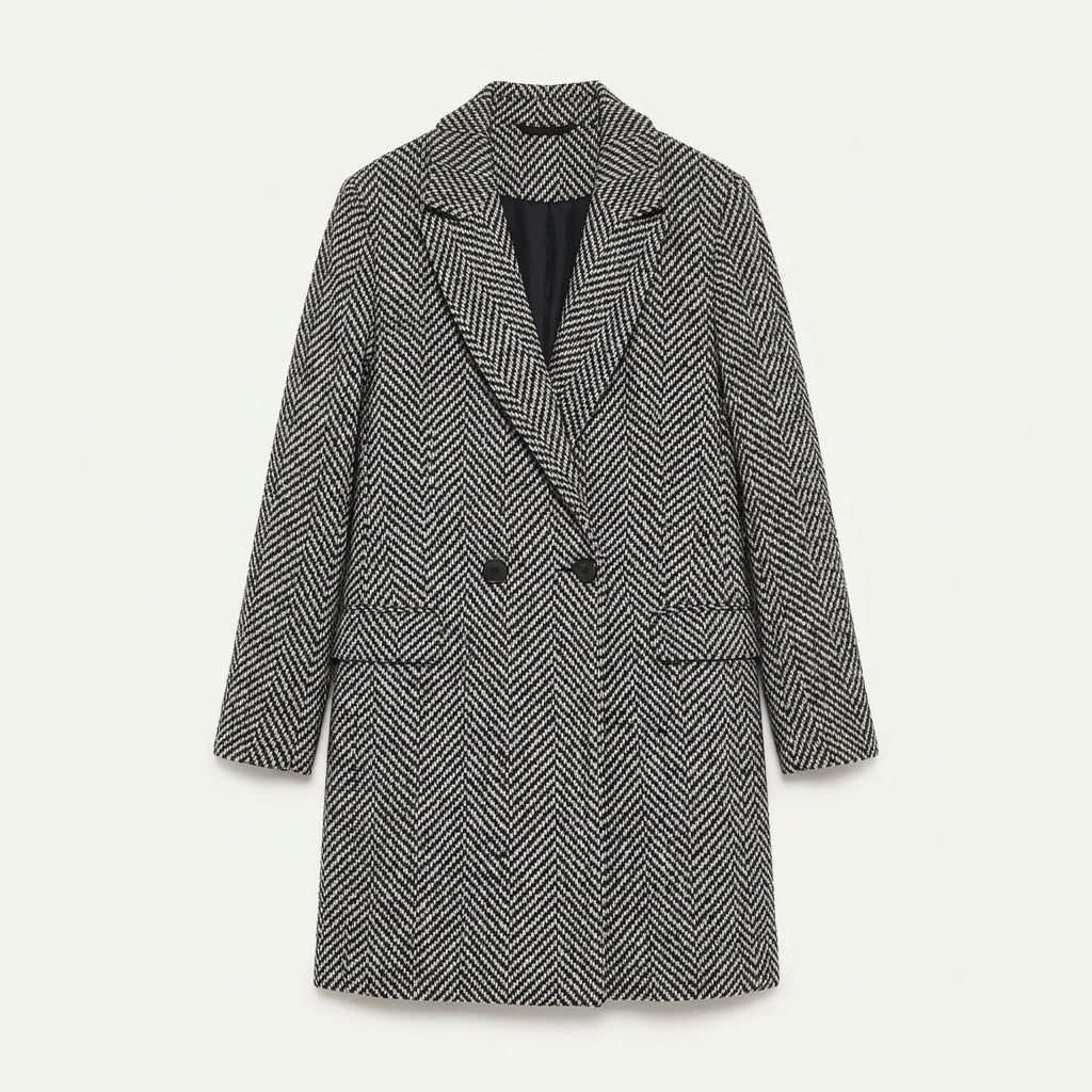 Manteau long en tweed pied-de-poule doublé matelassé — Amielle Paris