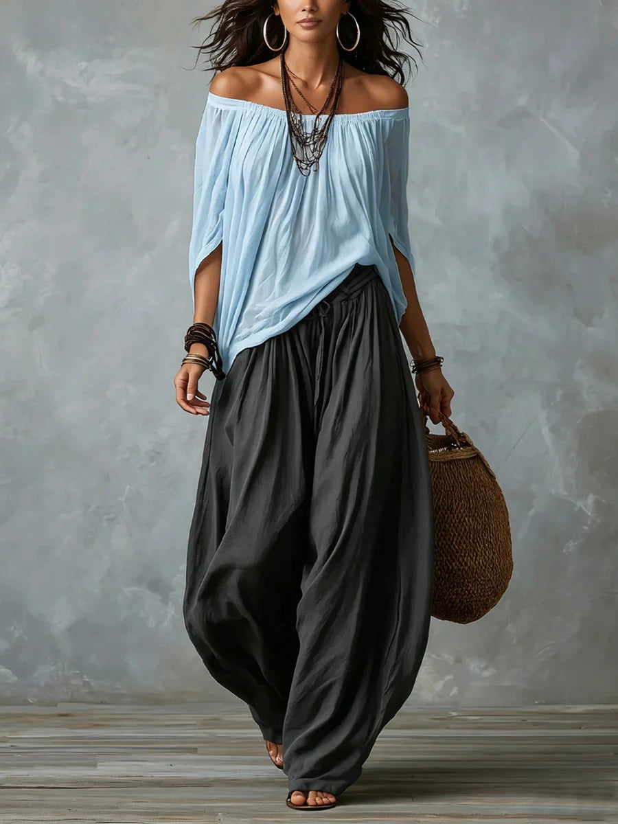 Lyra | Ensemble épaules dénudées et pantalon large — Amielle Paris