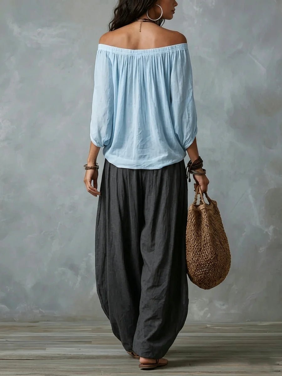 Lyra | Ensemble épaules dénudées et pantalon large — Amielle Paris