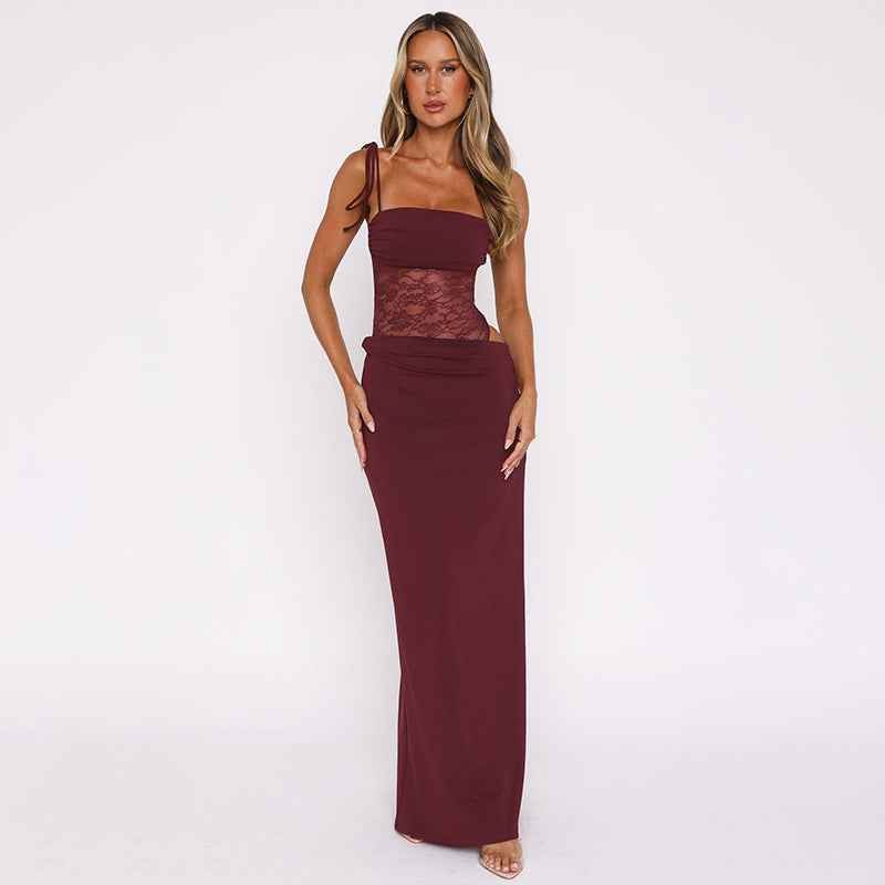Arabella | Robe longue à corsage en dentelle et bretelles nouées — Amielle Paris