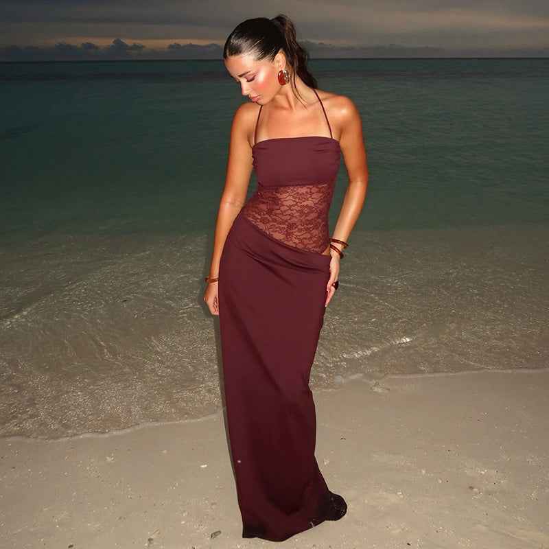 Arabella | Robe longue à corsage en dentelle et bretelles nouées — Amielle Paris